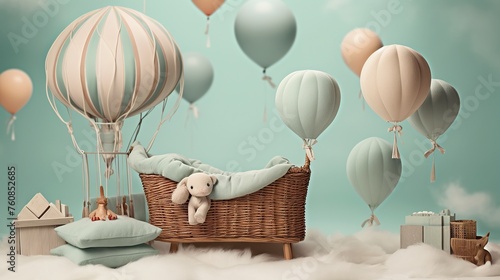 Baby cot with blue and white balloons. 3D Rendering