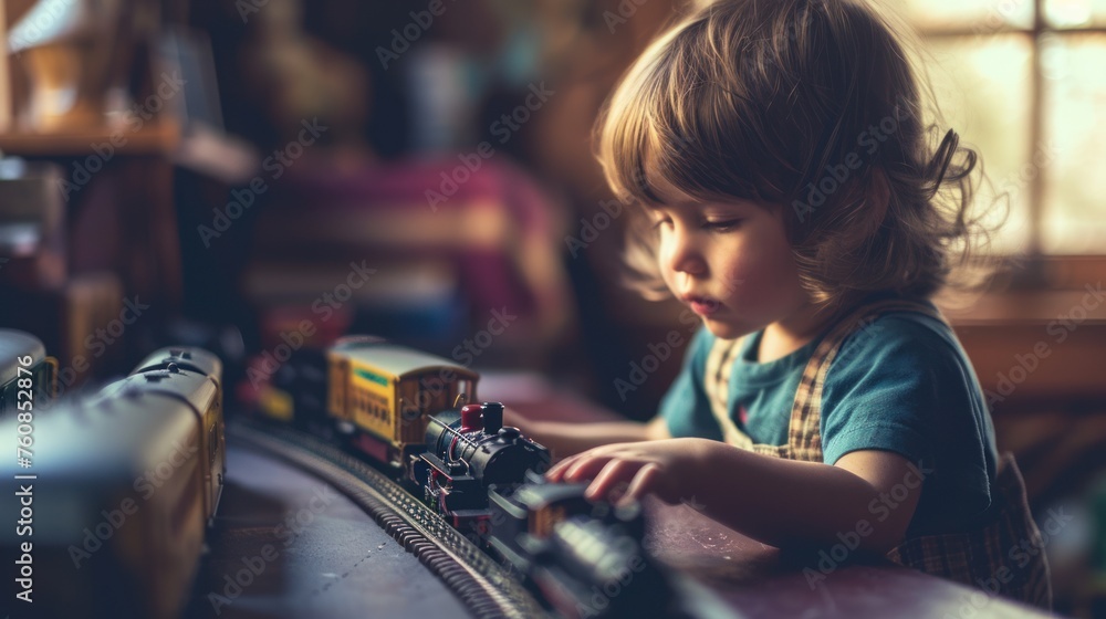 A young child playing with a toy train set. A young child playing with a toy train set.