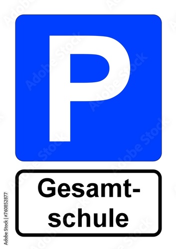 Illustration eines blauen Parkplatzschildes mit der Aufschrift "Gesamtschule" 