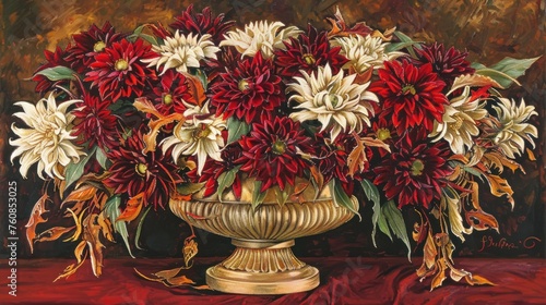 a painting of red and white flowers in a gold vase on a red clothed tableclothed tablecloth. photo