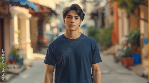 Portrait of young handsome Asian man in black or navy blue tshirt for mockup