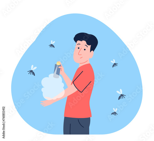 Anti mosquito spray use. Seasonal self safety from insect bites and diseases. Man and flying around mosquitoes, problems on nature recent vector scene