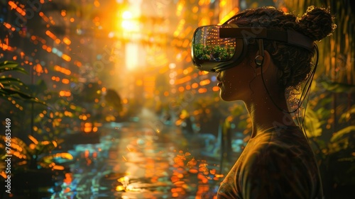 Woman with VR headset in a sunset city - A futuristic image showing a woman immersed in VR against a vivid cityscape at sunset, symbolizing technology and escapism