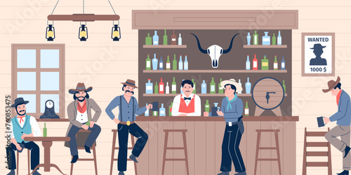 Cowboys in bar. Wild west style male characters drinking alcohol in pub. Cowboy wear traditional hat and outfit. Texas lifestyle. Recent vector scene