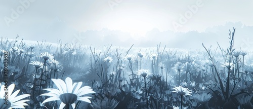 a blue and white photo of a field of wildflowers with the sun shining through the clouds in the background. photo