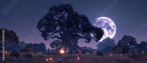 a large tree in the middle of a field at night with a full moon in the sky in the background.