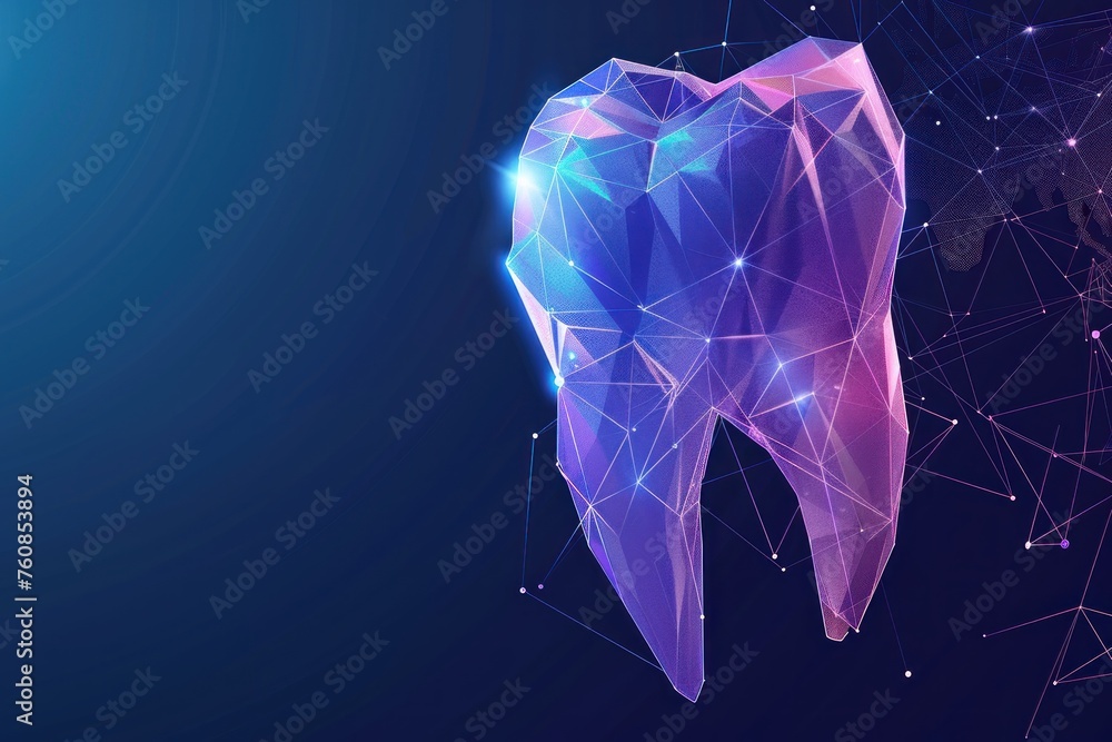 A tooth is shown in a blue background with a purple and blue color. The tooth is surrounded by a web of lines and dots, giving it a futuristic and abstract appearance - obrazy, fototapety, plakaty 