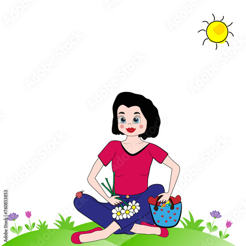 Mujer sentada en el campo con ramo de flores y cesta.