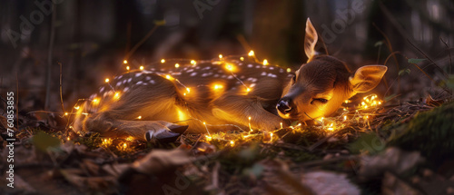 a deer that is laying down in the grass with some lights on it's back and it's head on it's back.