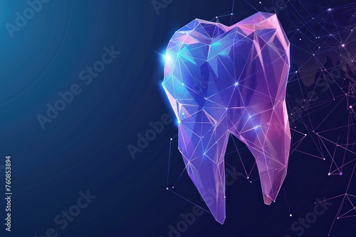 A tooth is shown in a blue background with a purple and blue color. The tooth is surrounded by a web of lines and dots, giving it a futuristic and abstract appearance photo