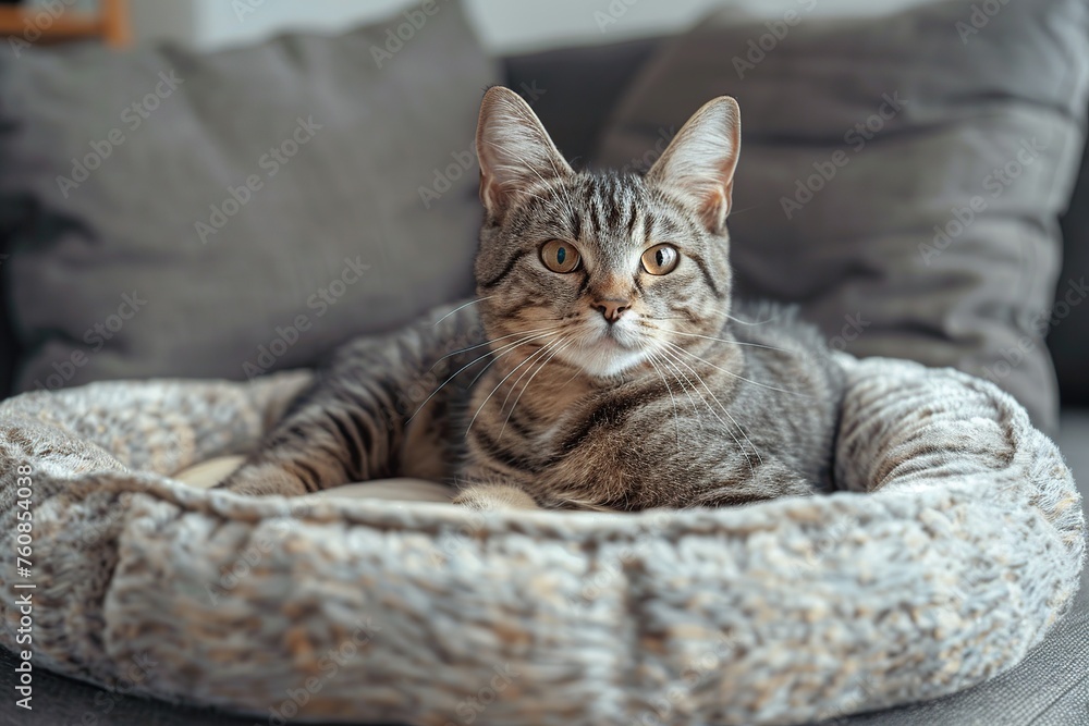 Cute cat lying on soft dog bed on grey couch