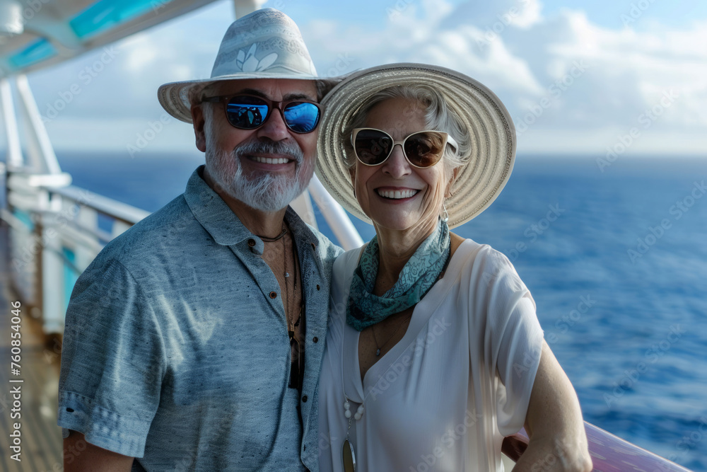 Retired senior couple joyfully enjoying a cruise vacation, having fun on a cruise ship. Ideal for travel agencies, cruise line promotions, or retirement lifestyle publications