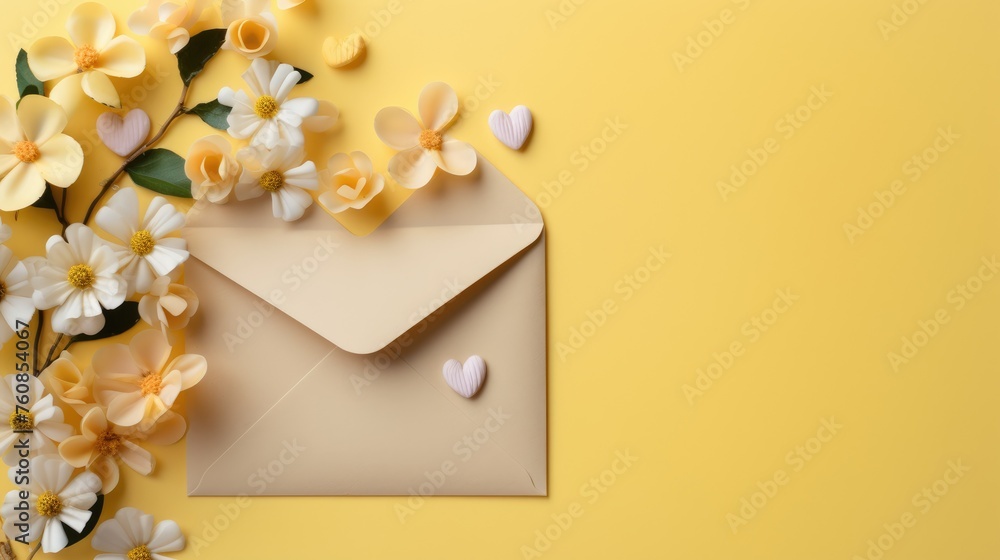 An envelope with a letter and yellow spring flowers on a beige background. The idea of a holiday card for lovers. A congratulatory letter and a message. An envelope with a letter and yellow spring flowers on a beige background. The idea of a holiday card for lovers. A congratulatory letter and a message.