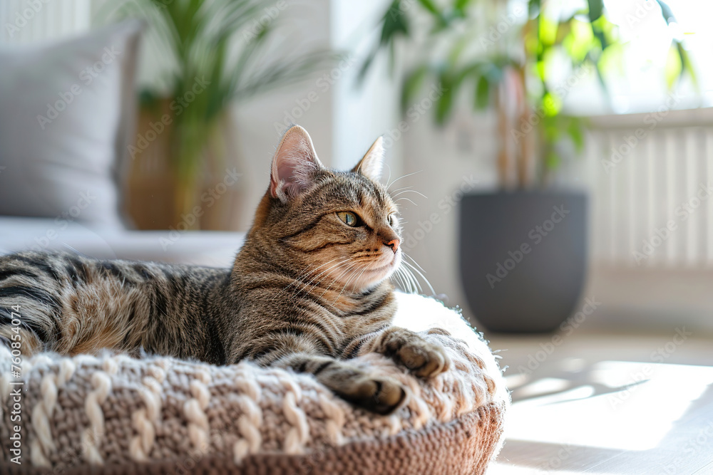 Cute cat lying on soft dog bed in home interior