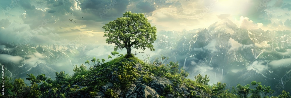 Fototapeta premium Solitary tree on a lush mountain summit - A serene depiction of a lone tree standing tall atop a mountain surrounded by clouds and lush greenery It speaks to resilience and peace