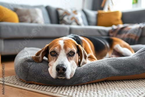 Adorable beagle dog lying on soft dog bed in home interior