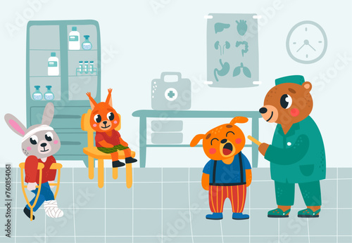 Visit doctor in hospital. Pediatrician sees young patients. Bear in medical uniform, sick bunny, squirrel and little dog. Classy vector cartoon scene