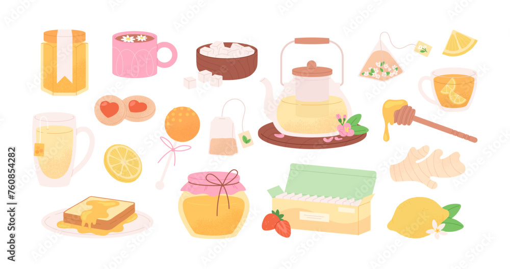 Teatime and honey. Isolated mug, jars and cookies. Ginger and lemon, chamomile tea pack and lollipops. Toast with caramel, racy vector sweet clipart