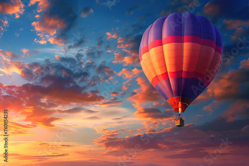 Hot air balloon in blue sky at sunset lights