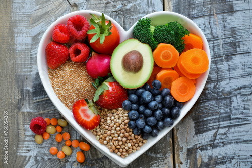 Image showcasing heart-shaped bowl brimming with nutritious diet foods - fresh fruits, vegetables, whole grains. Emphasizes heart health and cardiovascular wellness. 