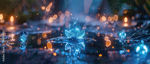 a blue flower floating on top of a puddle of water next to a forest filled with lots of small lights. © Olga