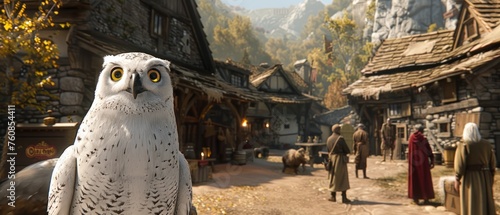 a white owl standing in front of a group of people in a village with mountains in the backgroud. photo