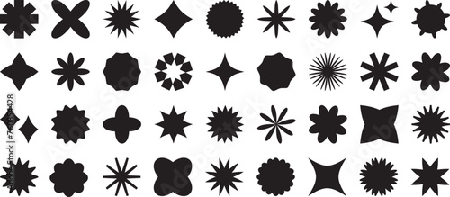 Star shape icon, y2k element, spark symbol, abstract glow vector set, geometric flower, modern magic ray, light effect, graphic retro sticker isolated on white background. Cartoon black illustration