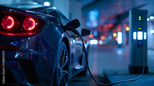 An electric sports car is seen charging overnight in an underground parking garage, highlighting the seamless integration of sustainable transportation infrastructure into urban living environments photo