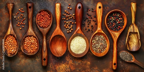 Wooden spoons with different types of spices and herbs on a dark background. Concept: culinary recipes and advertising of spices, articles about cooking and nutrition