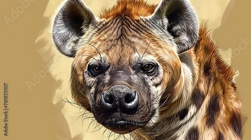 a close up of a hyena's face on a beige background with a white spot in the center. photo