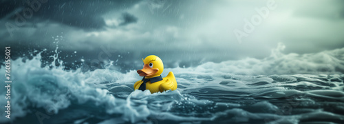  Lead to success, ywllow rubber duck look for strategy to win business concept, business rubber duck leader successful in storm. photo