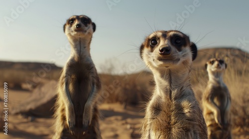Curious Meerkat Family in Desert Close-Up © AnimalAI