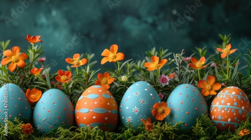 a row of painted eggs sitting on top of a lush green field filled with wildflowers and orange flowers.