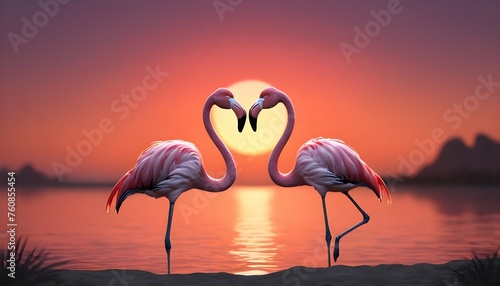 Two Flamingos Are In Love In A Sunset Concept Art