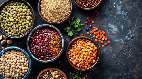 Various types of grains and cereals in white cups on a dark background with green basil leaves. Concept: healthy eating and culinary blogs, articles about veganism and vegetarianism