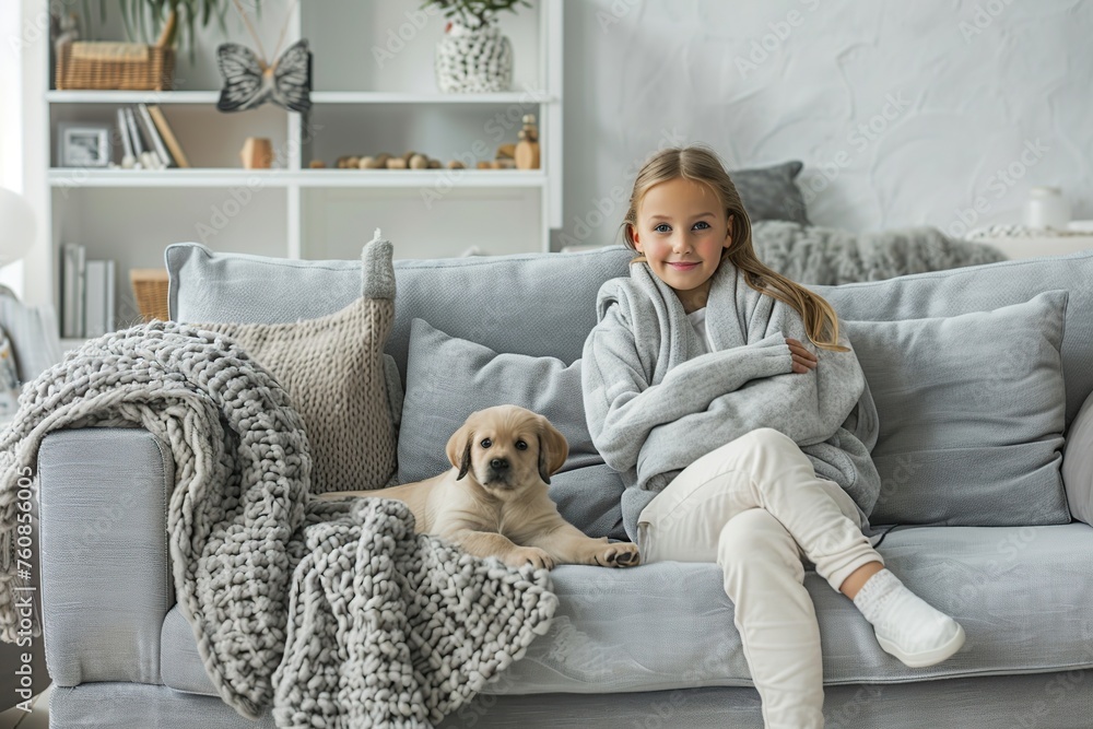 Young girl with labrador puppy dog sitting on grey couch at home Young girl with labrador puppy dog sitting on grey couch at home