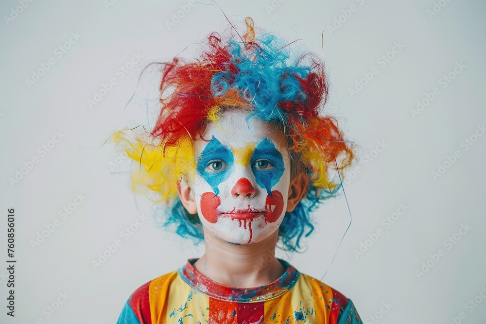 Child boy is dressed up in clown costume with colorful wig Child boy is dressed up in clown costume with colorful wig