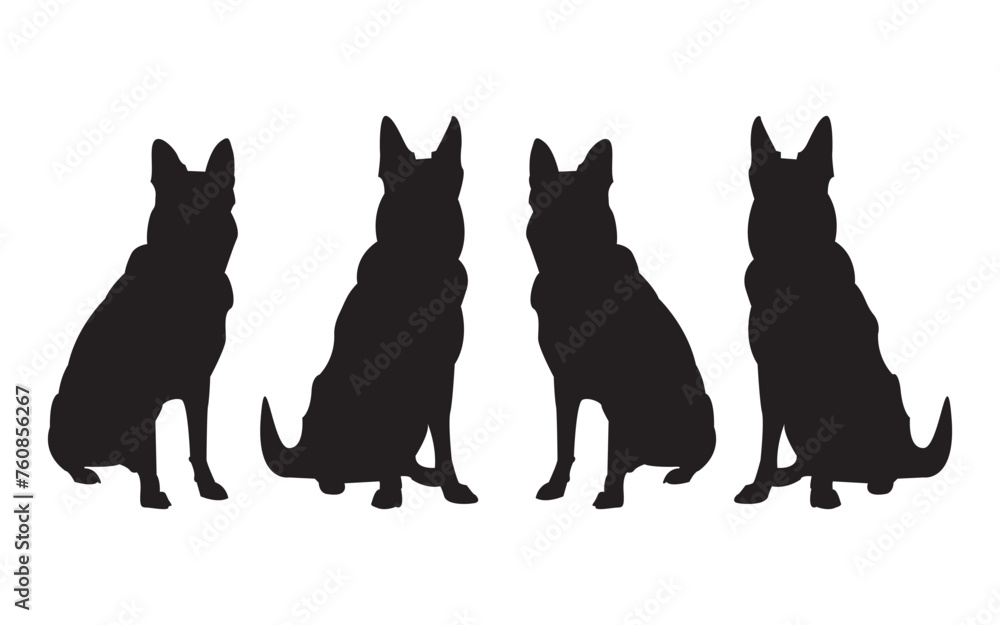 set of black silhouette dogs in various poses on white background,  animal Silhouettes of a pet dog,