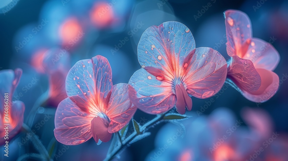 a close up of a pink flower with water drops on it and a blurry background of blue and pink flowers. a close up of a pink flower with water drops on it and a blurry background of blue and pink flowers.