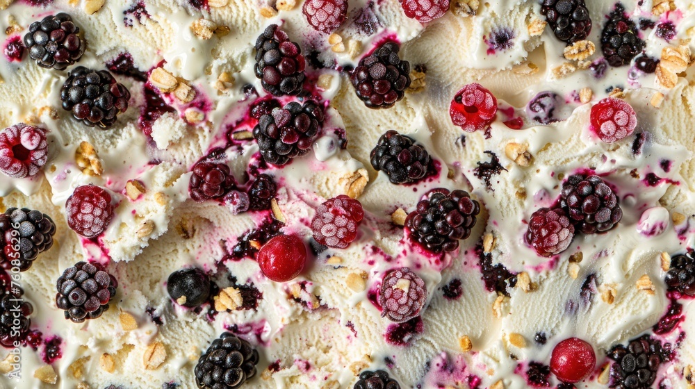 a close up of a dessert with berries, nuts, and yogurt on top of a bed of ice cream. a close up of a dessert with berries, nuts, and yogurt on top of a bed of ice cream.