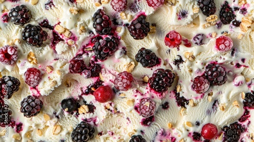 a close up of a dessert with berries  nuts  and yogurt on top of a bed of ice cream.