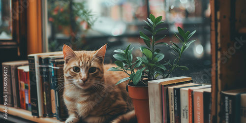 Ginger cat resting behind books beside a lush potted plant on a windowsill.  Intellectual pet and cozy reading concept. Banner for World Book Day event with copy space. 