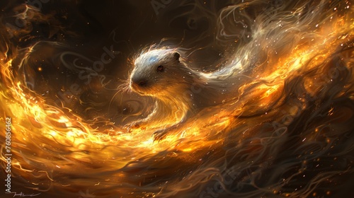 a digital painting of a rat in a swirl of yellow and orange fire with a black background and a white rat on the right side of the image. photo