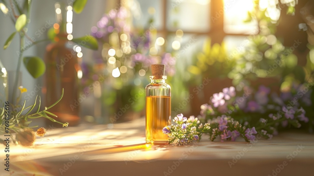 a bottle of oil sitting on top of a table next to a bunch of flowers and a potted plant. a bottle of oil sitting on top of a table next to a bunch of flowers and a potted plant.