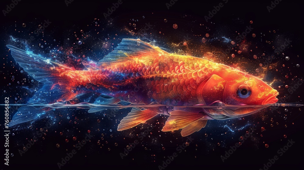 a painting of a goldfish on a black background with a reflection of it's head in the water. a painting of a goldfish on a black background with a reflection of it's head in the water.