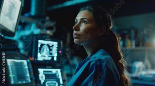 Caucasian female doctor checking x-ray work in hospital.