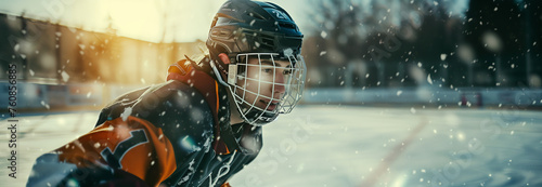 Selective focus of Caucasian male athlete playing ice hockey on the field. photo