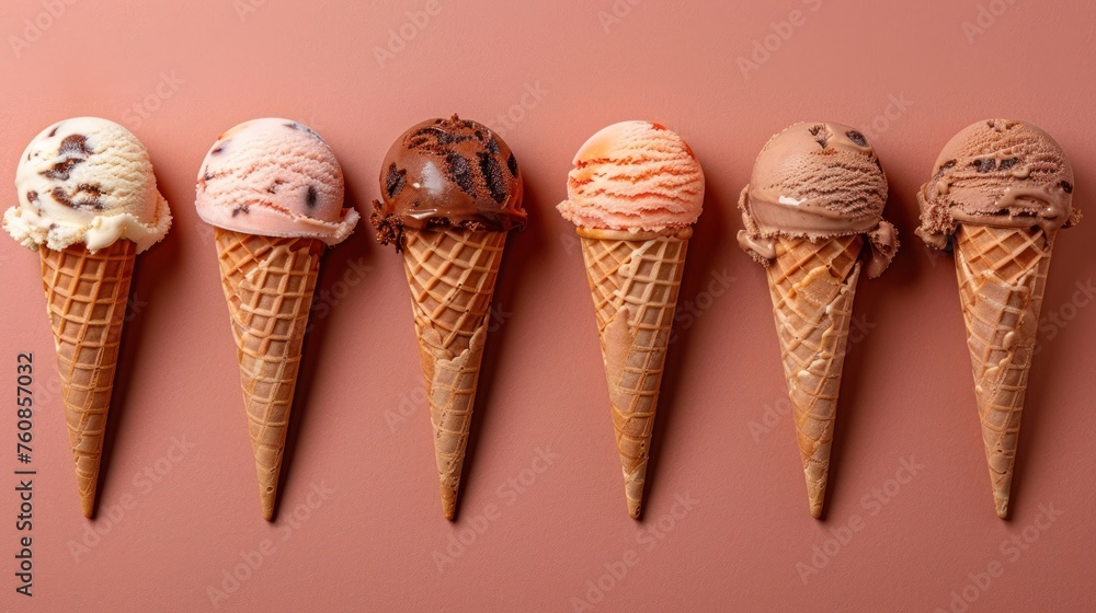 five scoops of ice cream lined up in a row on a pink background with a pink wall in the background. five scoops of ice cream lined up in a row on a pink background with a pink wall in the background.