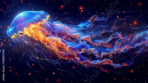 a close up of a jellyfish in space with a background of stars and a blue and orange jellyfish.