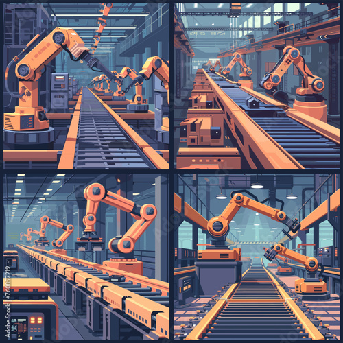 Assembling moving belt illustrations. Manufacturing conveyor with manipulators panorama, industrial machines production line isometric image